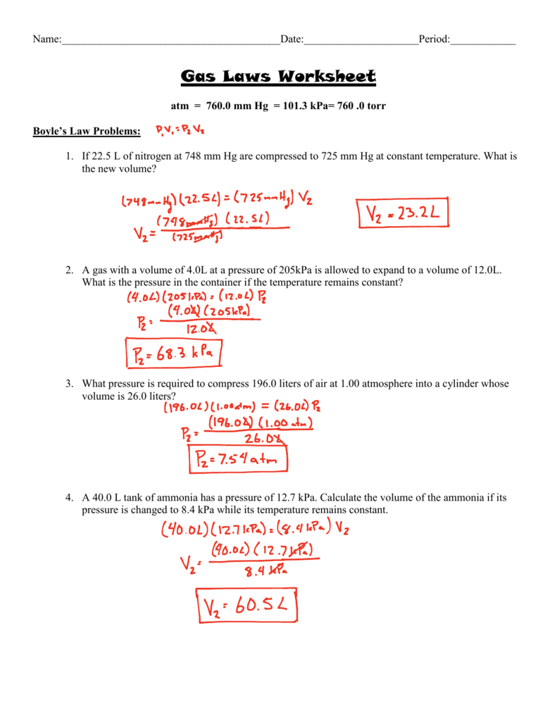 Gas Laws Worksheet Answer Key For The Gas Laws Worksheet