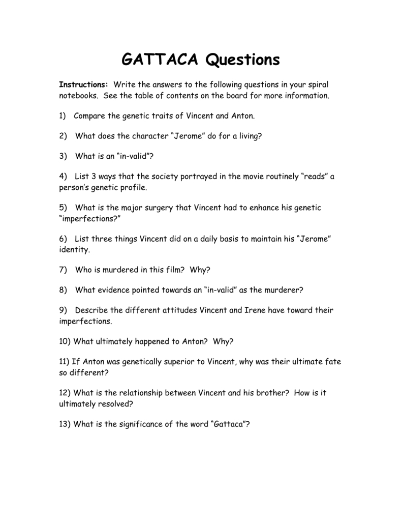 Gattaca Questions In Gattaca Movie Worksheet Answer Key