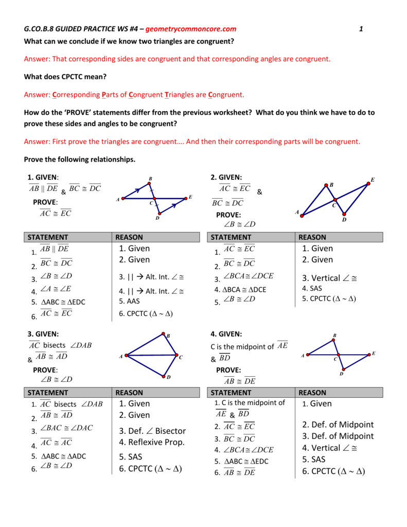 Gcob8 Guided Practicews 4Ans In Triangle Congruence Worksheet 2 Answer Key
