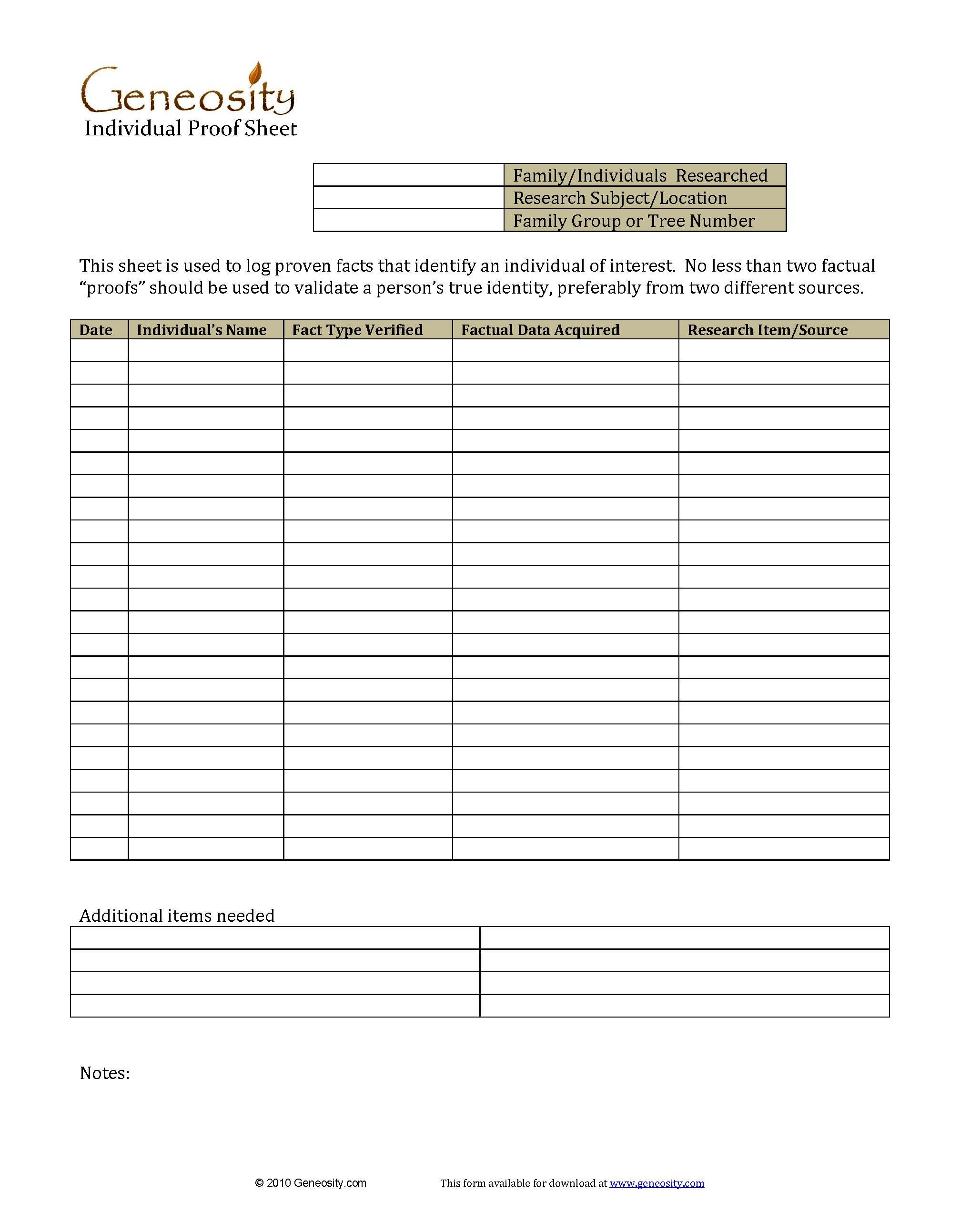 Genealogy Proof Sheet And Genealogy Forms Individual Worksheet