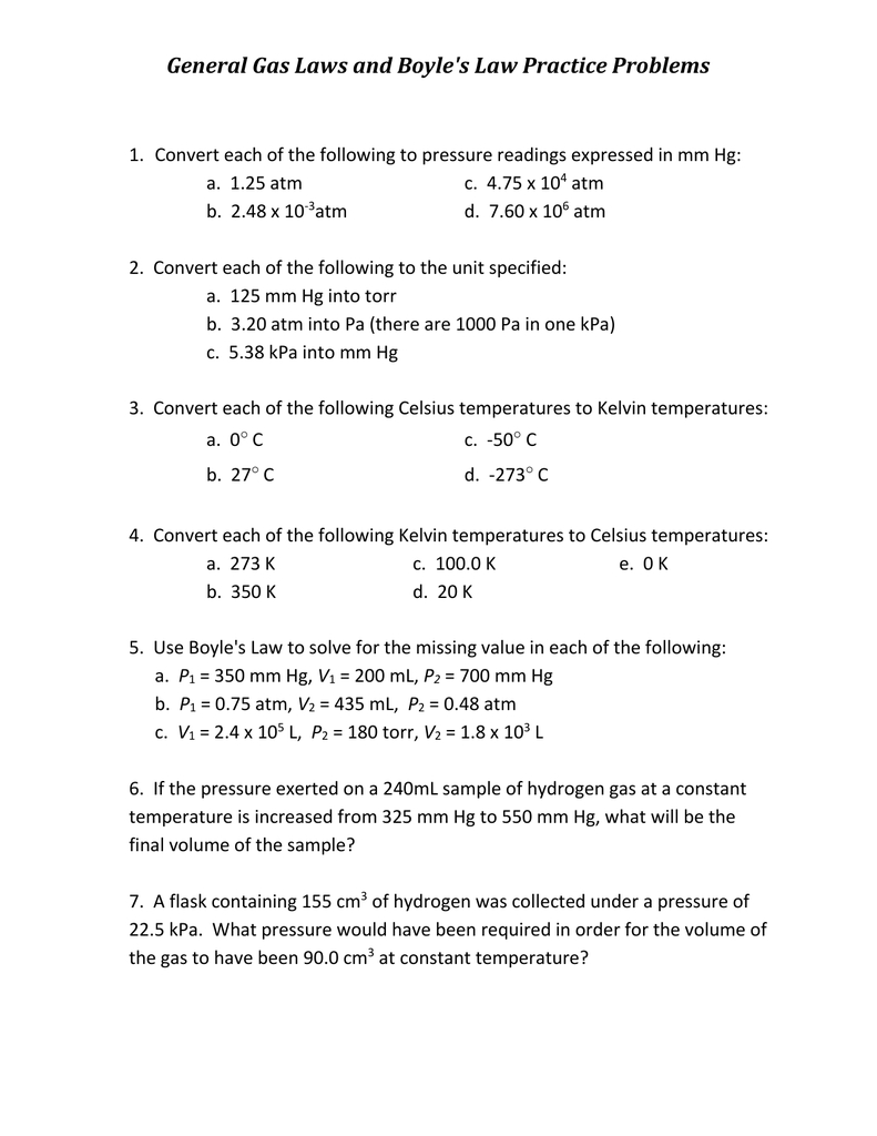 General Gas Laws And Boyle's Law Practice Problems Regarding Gas Law Problems Worksheet