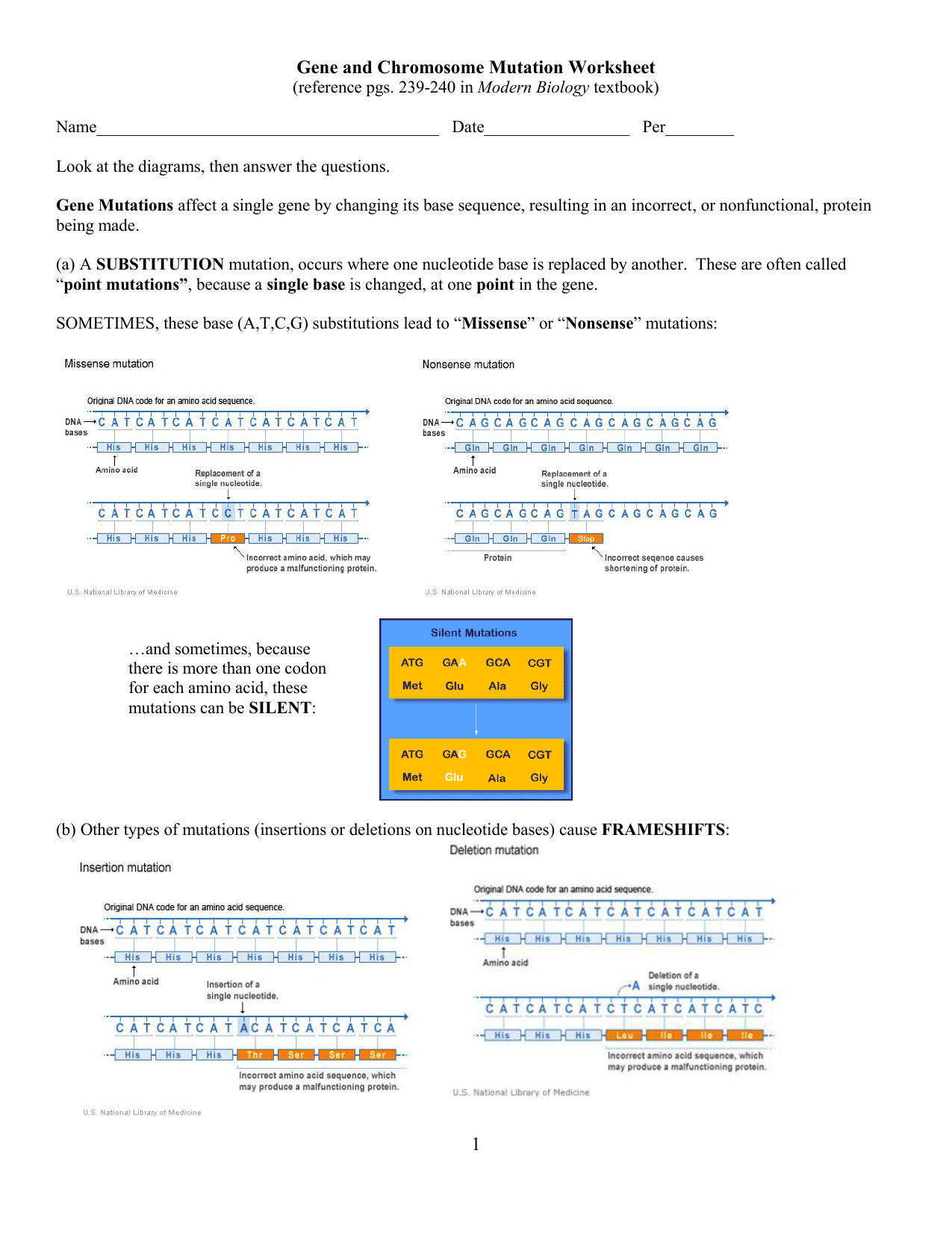 Genetic Mutation Worksheet  Westgate Mennonite Collegiate Also Gene And Chromosome Mutation Worksheet