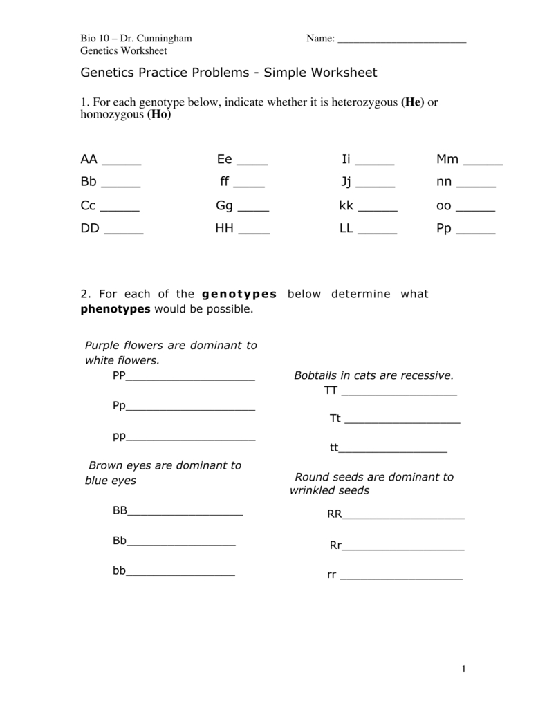 Genetics Practice Problems  Simple Worksheet 1 For Each With Genetics Practice Problems Simple Worksheet