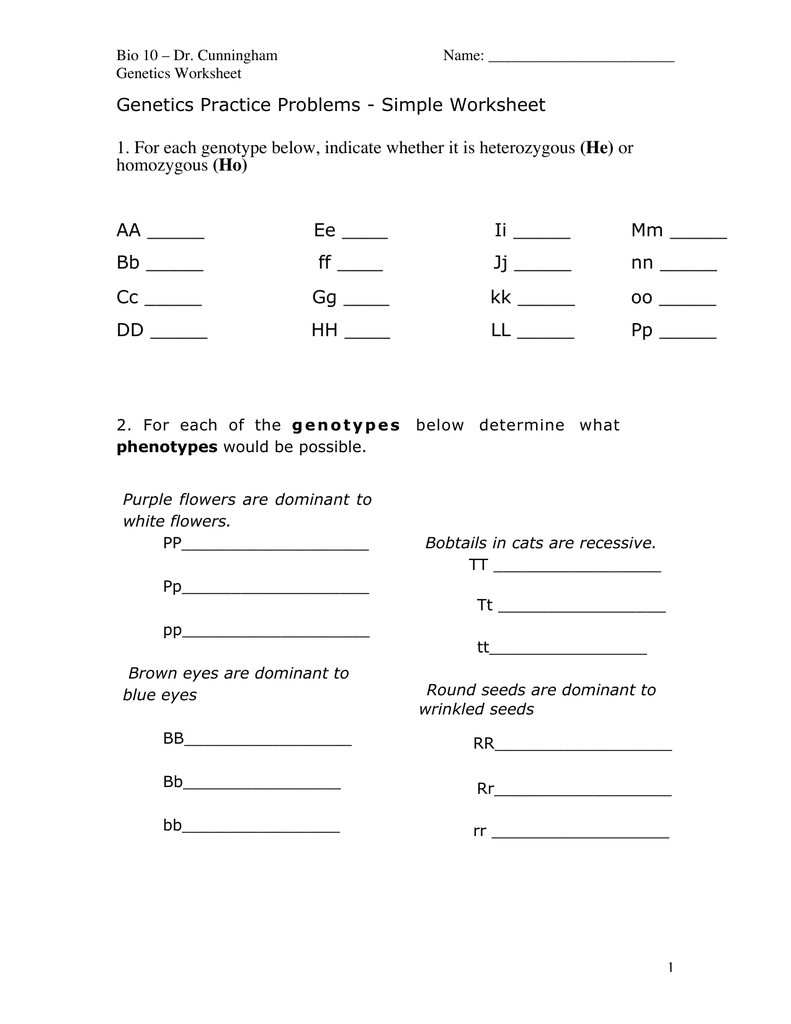Genetics Practice Problems  Simple Worksheet He Ho Aa In Genetics Practice Problems Worksheet Answer Key