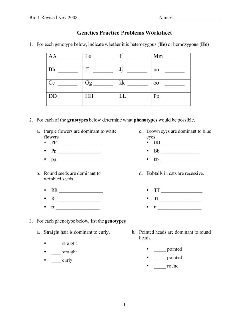 Genetics Practice Problems Worksheet Also Genetics Practice Problems Worksheet Answers