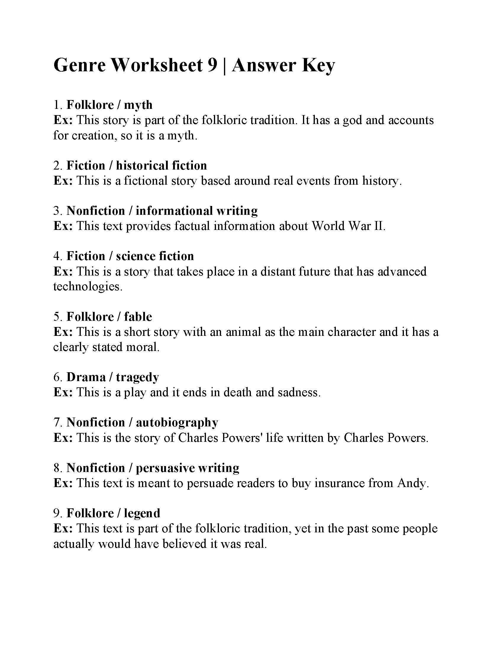Genre Worksheet 9  Answers Throughout World War 2 Worksheets With Answers