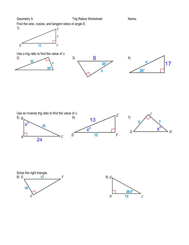 Geometry A Trig Ratios Worksheet Name Find The Sine Cosine And Intended For Trigonometry Finding Angles Worksheet Answers