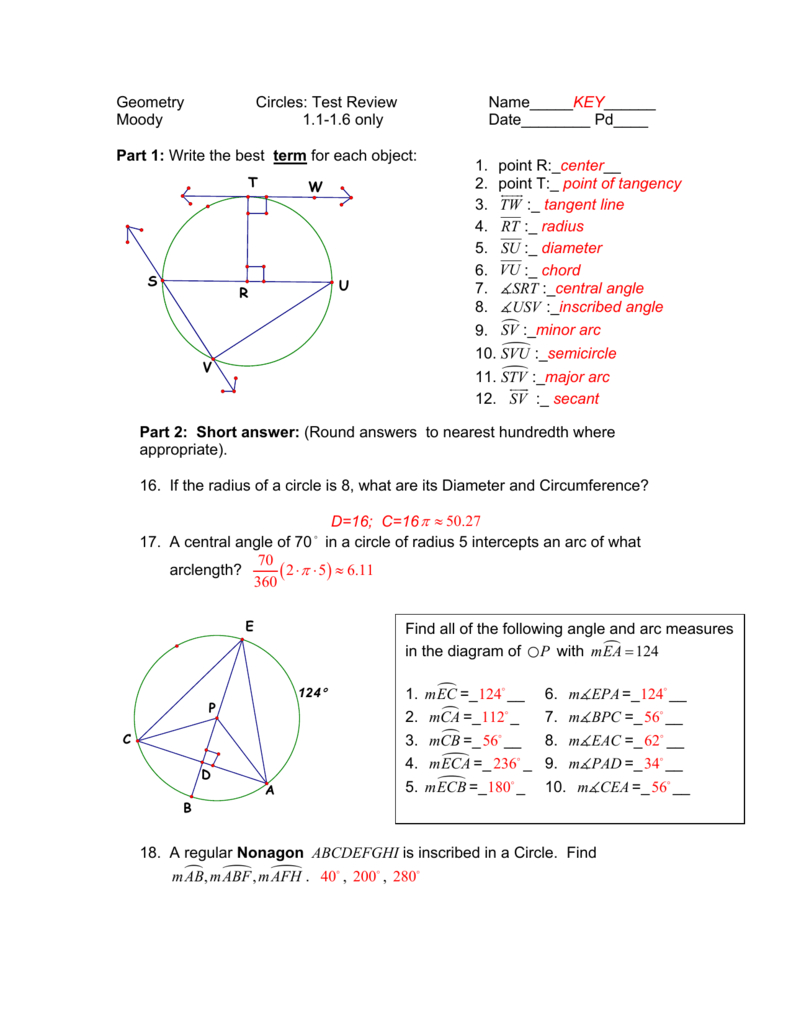 Geometry Circles Test Review Namekey Moody 11 Within Segments In Circles Worksheet Answers