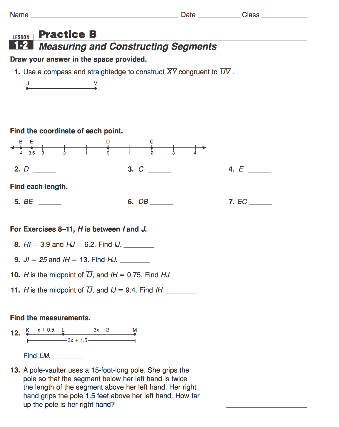 Worksheet 1 2 Measuring Segments Answer Key
