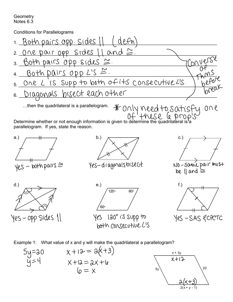 Geometry Notes 63 Conditions For Parallelograms 1 As Well As Conditions For Parallelograms Worksheet