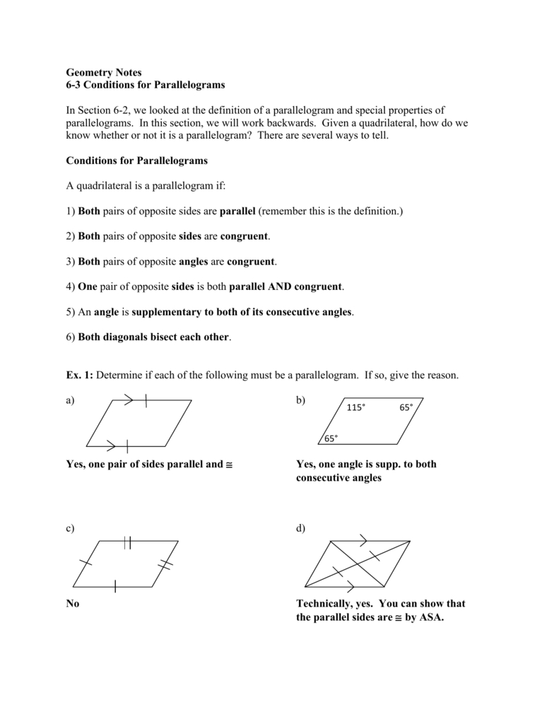 Geometry Notes 63 Conditions For Parallelograms In Section 6 Regarding Geometry Parallelogram Worksheet