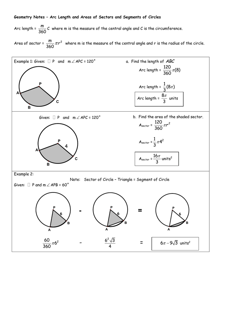 Geometry Notes  Arc Length And Areas Of Sectors And Segments Of With Segments In Circles Worksheet Answers