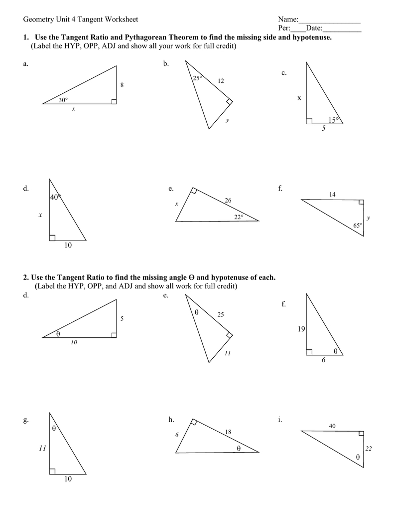 Geometry Tangent Ratio Worksheet And Right Triangle Trig Finding Missing Sides And Angles Worksheet Answers