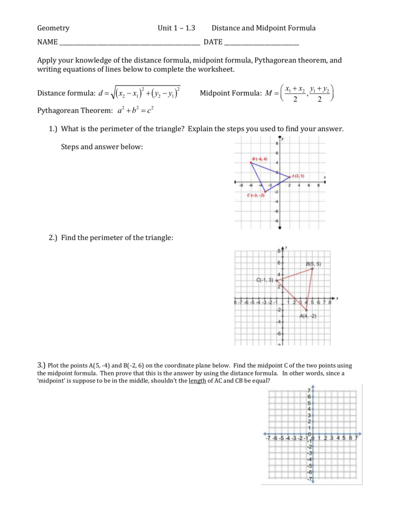 Geometry Unit 1 – 13 Distance And Midpoint Formula Name Date Or Midpoint And Distance Formula Worksheet With Answers