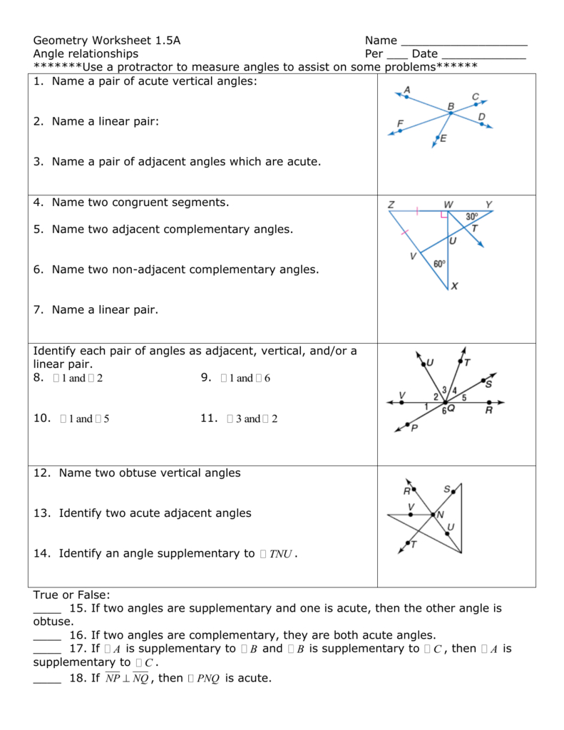 Geometry Worksheet 1 Regarding Geometry Angle Relationships Worksheet Answers