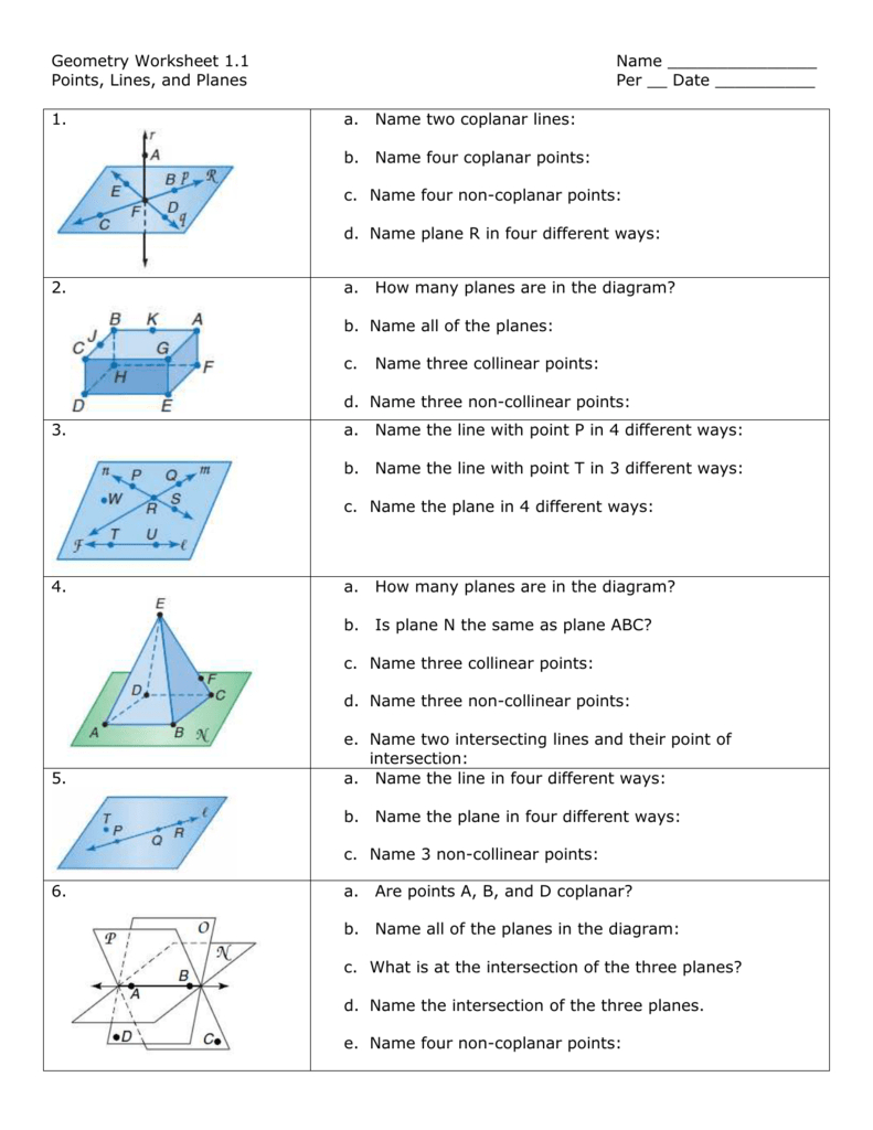 Geometry Worksheet 11 Name Points Lines And Planes Per Pertaining To 1 1 Points Lines And Planes Worksheet Answers