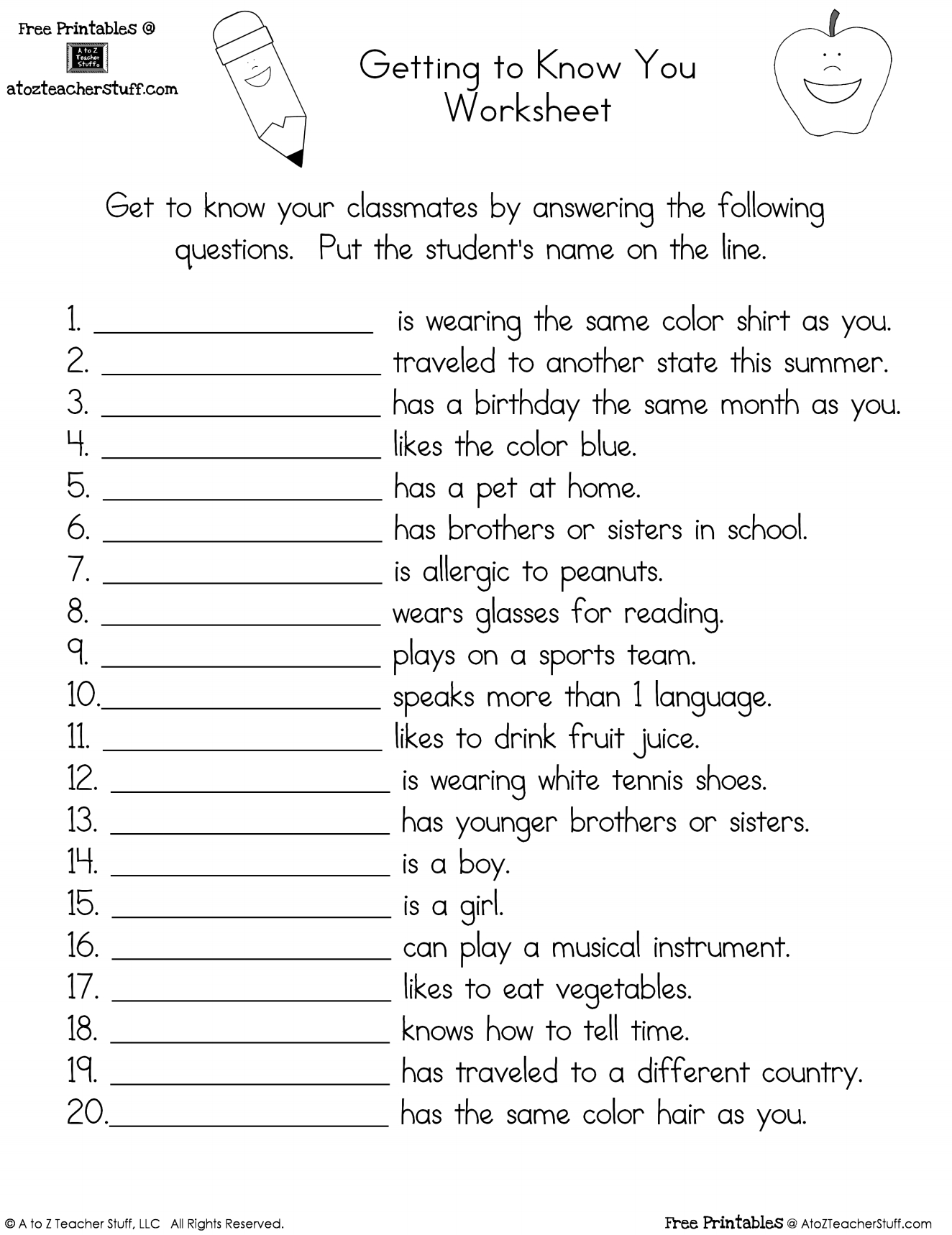 Getting To Know You Worksheet  A To Z Teacher Stuff Printable Pages Intended For Elementary Teacher Worksheets