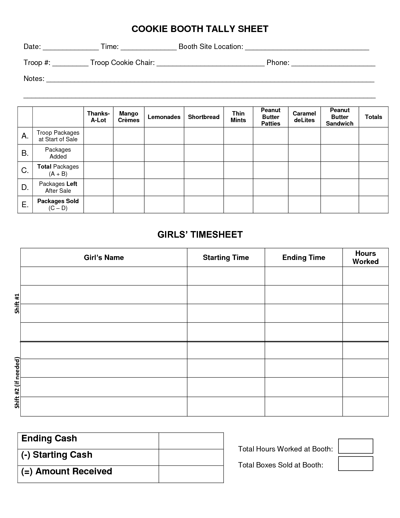 Girl Scout Cookie Booth Tally Sheet | Daisies | Girl Scout Cookies ... In Pipe Tally Spreadsheet