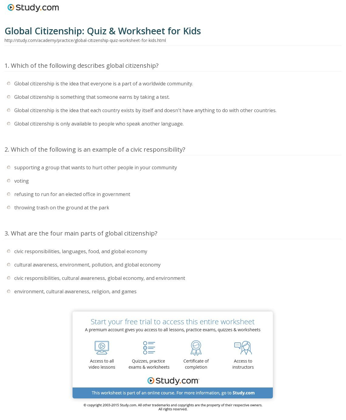 Global Citizenship Quiz  Worksheet For Kids  Study With Citizenship In The Community Worksheet