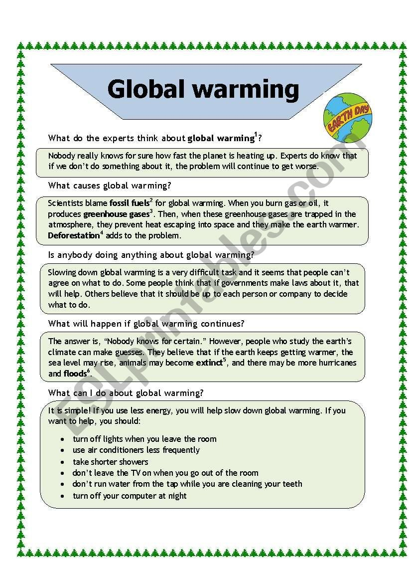 Global Warming  Esl Worksheetbaiba Regarding Global Warming Worksheet Pdf