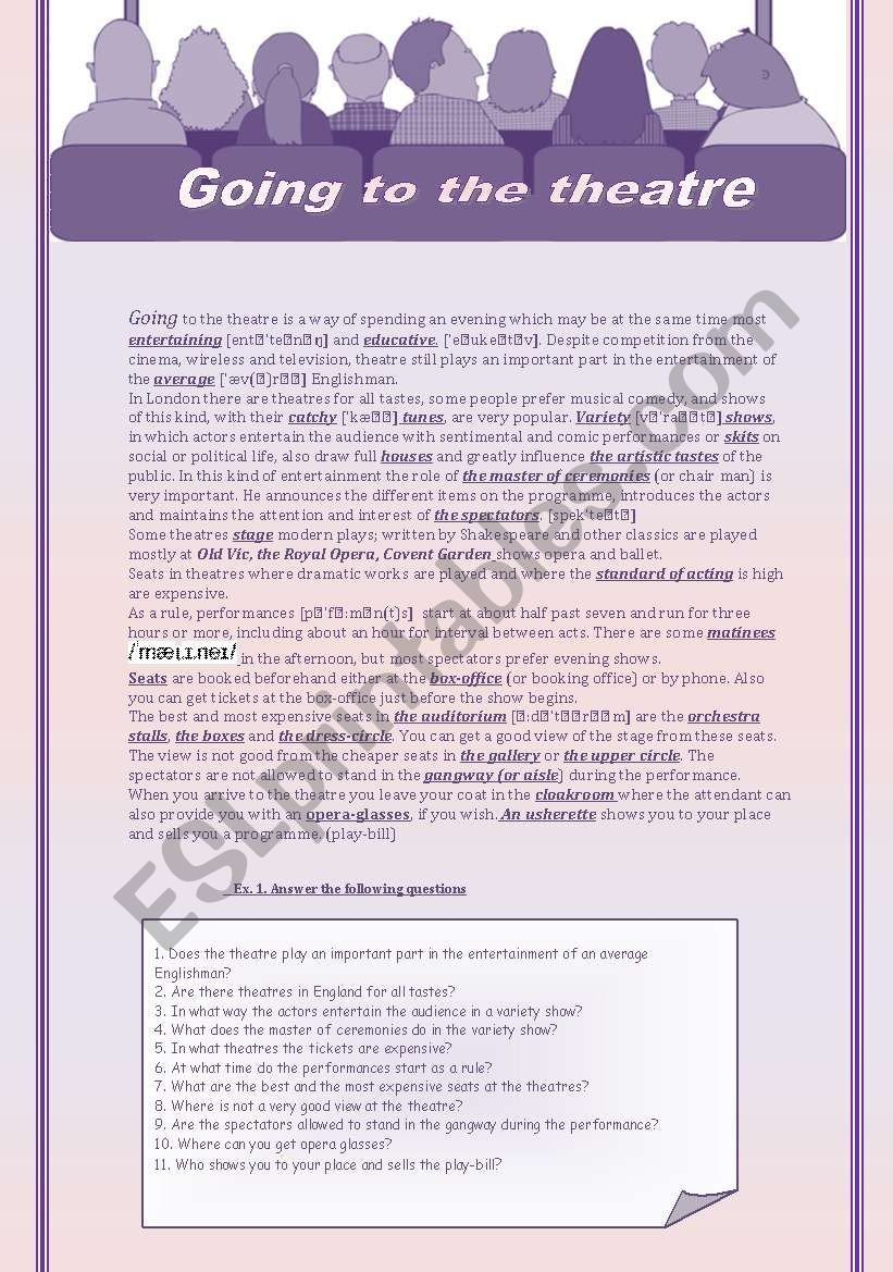 Going To The Theatre  Esl Worksheetsavvinka Regarding Theater Through The Ages Worksheet Answers