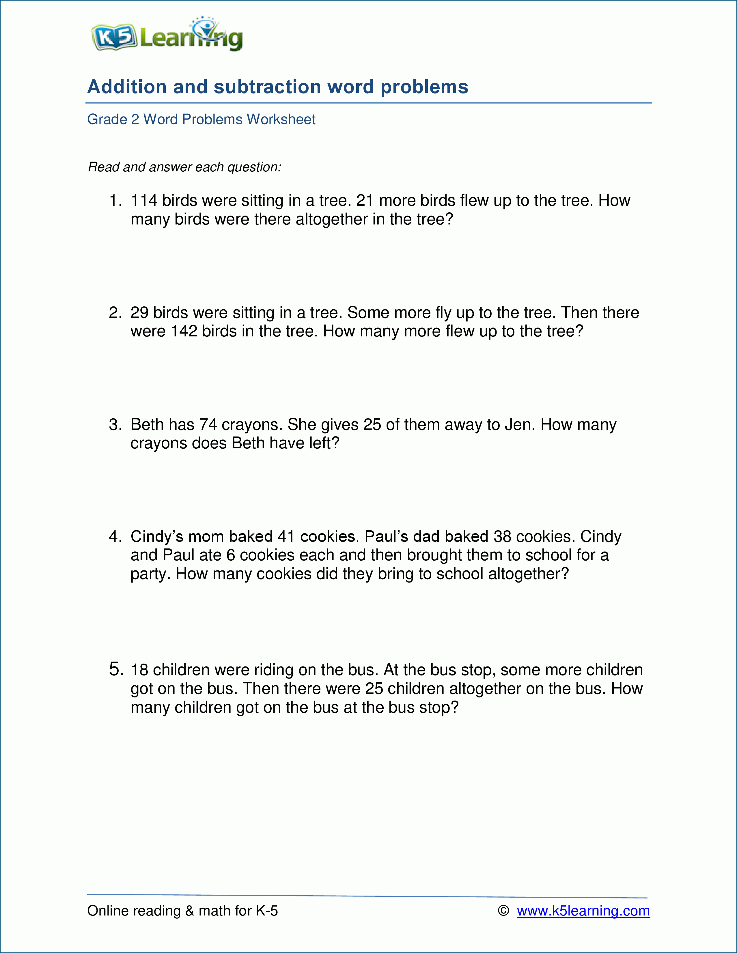 Grade 2 Mixed Addition  Subtraction Word Problem Worksheets  K5 Within Addition And Subtraction Word Problems Worksheets