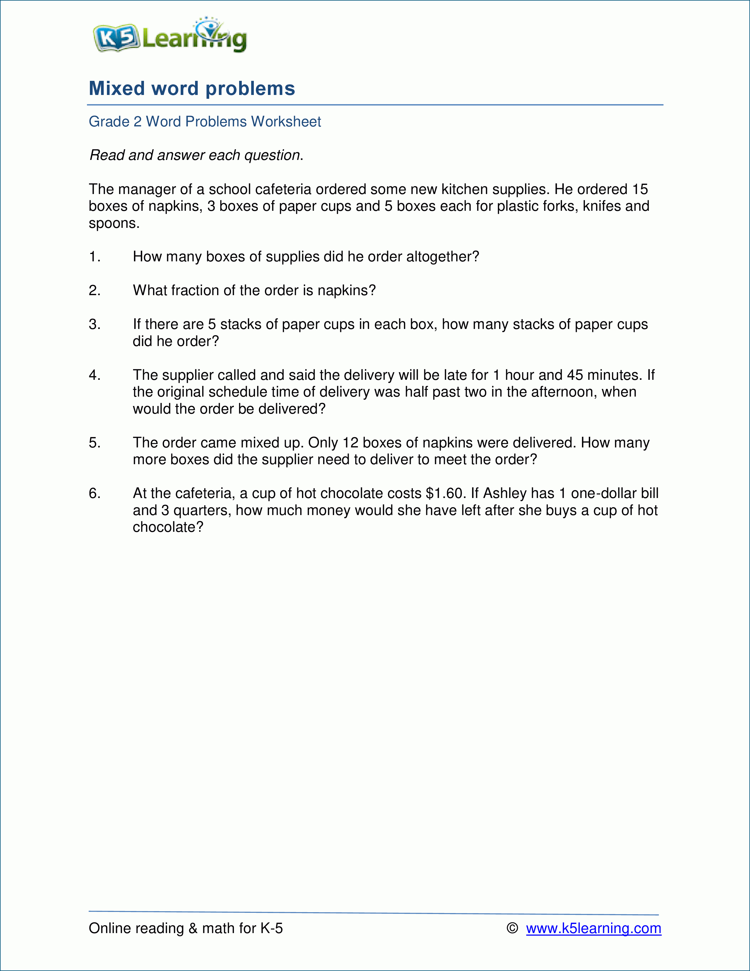 Grade 2 Mixed Word Problem Worksheets  K5 Learning Together With Money Word Problems Worksheets