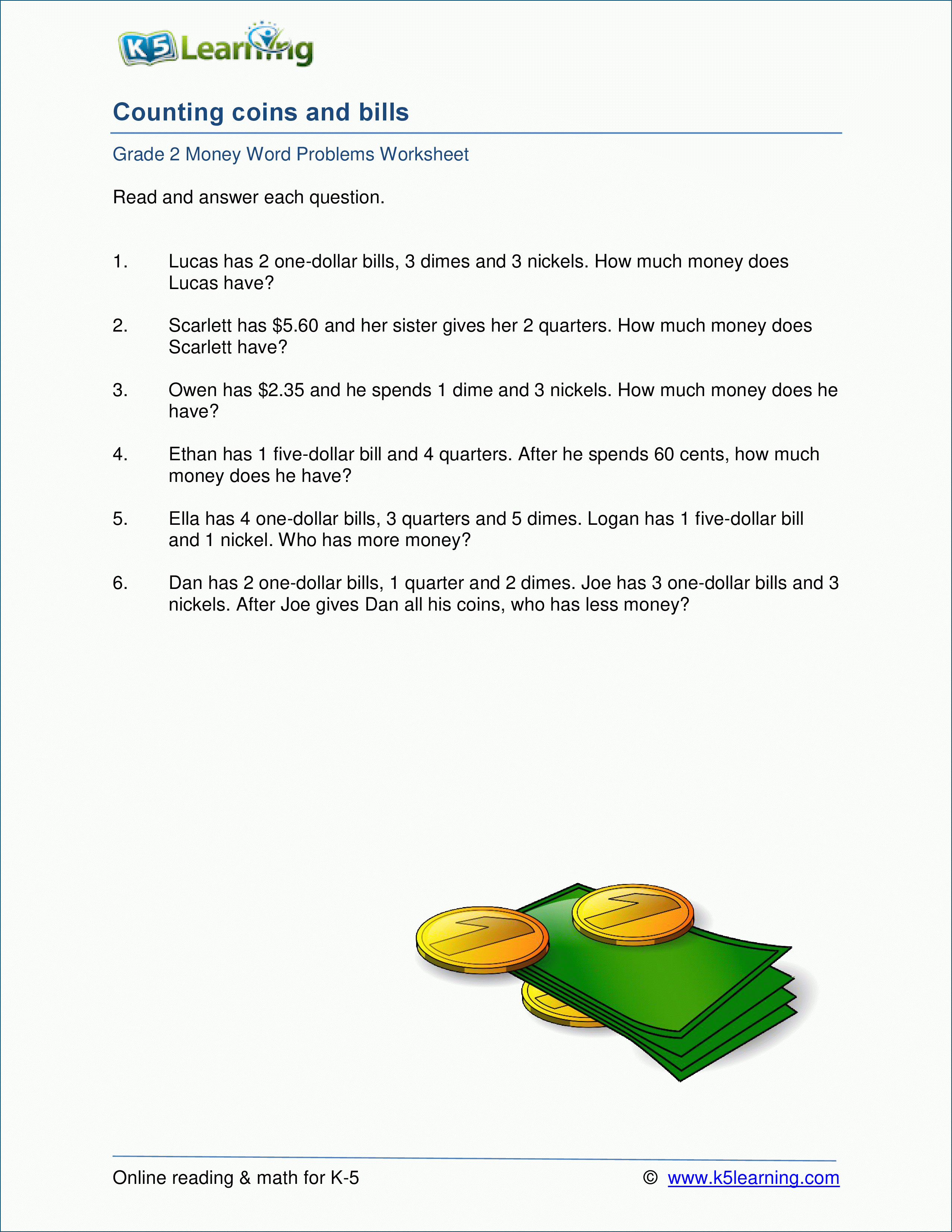 Grade 2 Money Word Problem Worksheets  K5 Learning As Well As Money Word Problems Worksheets