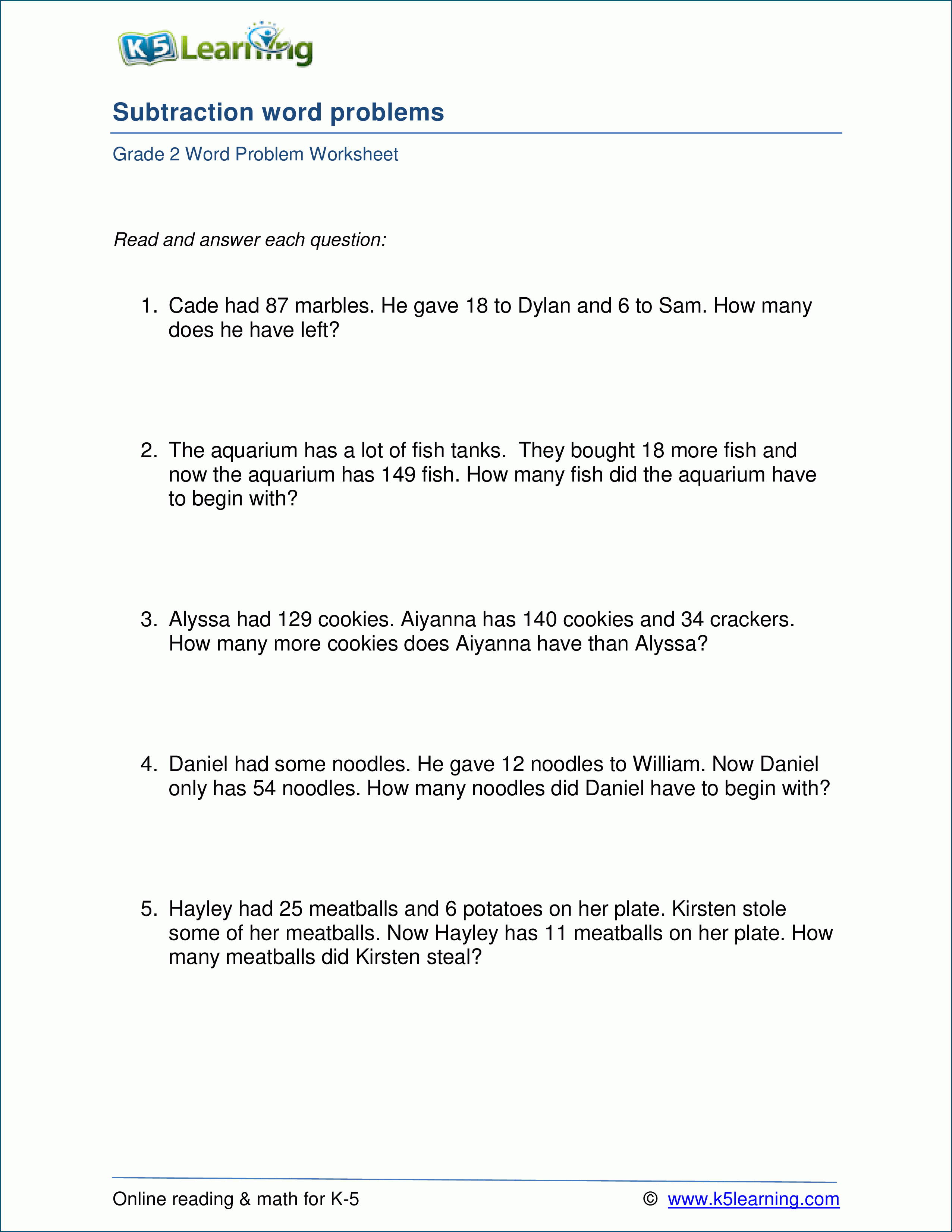 Grade 2 Subtraction Word Problem Worksheets 13 Digits  K5 Learning And K5 Learning Worksheets