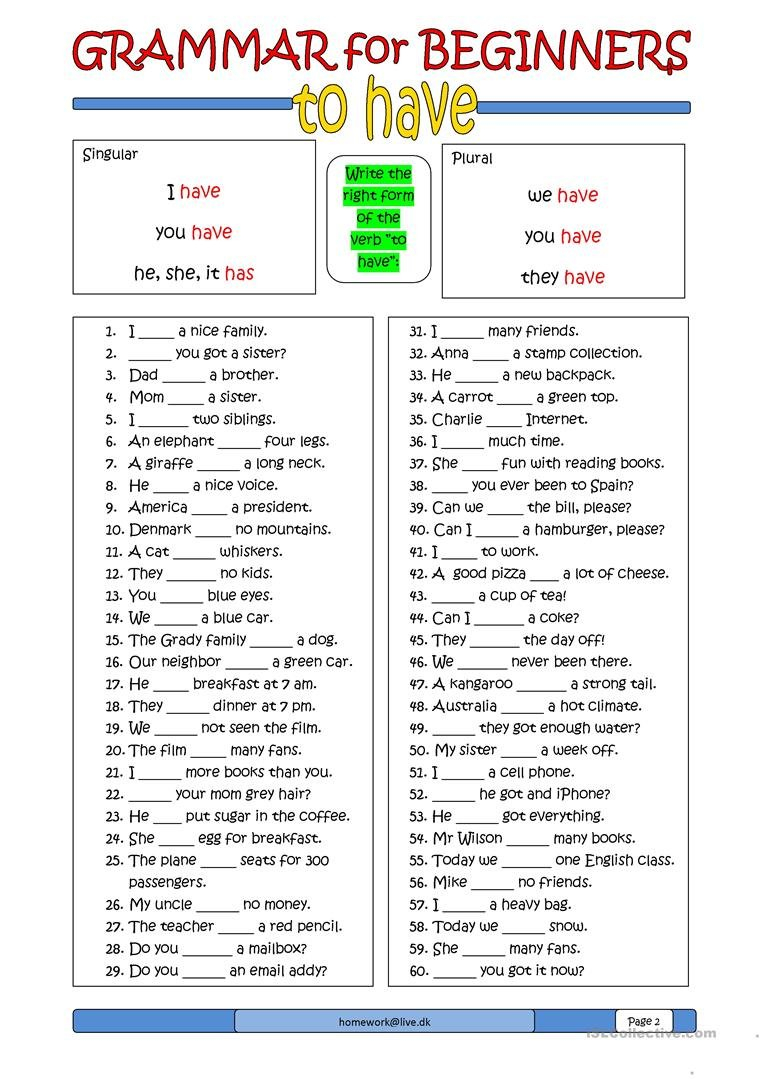 Grammar For Beginners To Have Worksheet  Free Esl Printable Throughout Esl Worksheets For Beginners