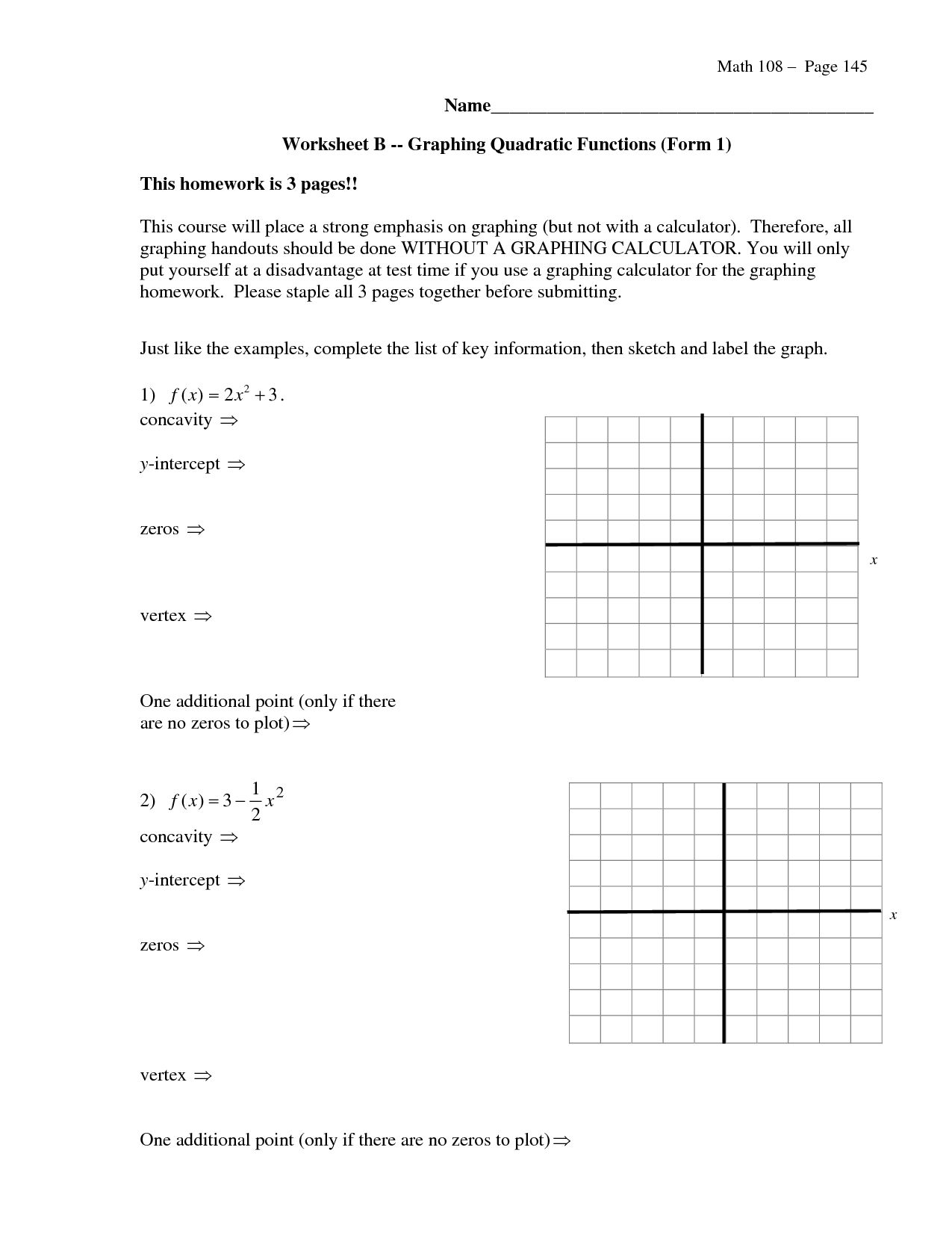 Graphing Quadratic Functions In Vertex Form Worksheet  Briefencounters For Quadratics Review Worksheet Answers