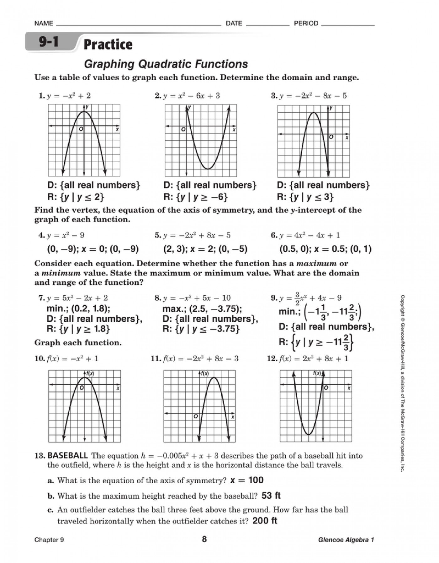 Graphing Quadratic Functions In Vertex Form Worksheet Inside Practice Worksheet Graphing Quadratic Functions In Vertex Form Answers