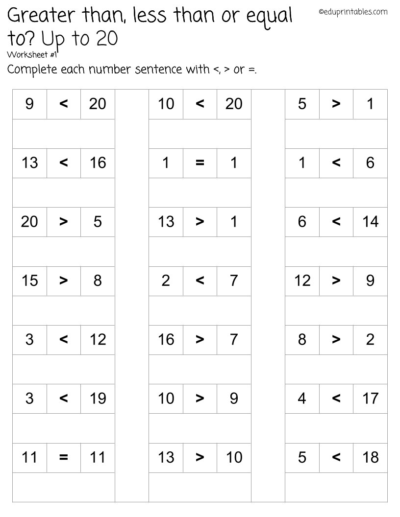Greater Than Less Than Or Equal To Up To 20  Eduprintables As Well As Greater Than And Less Than Worksheets