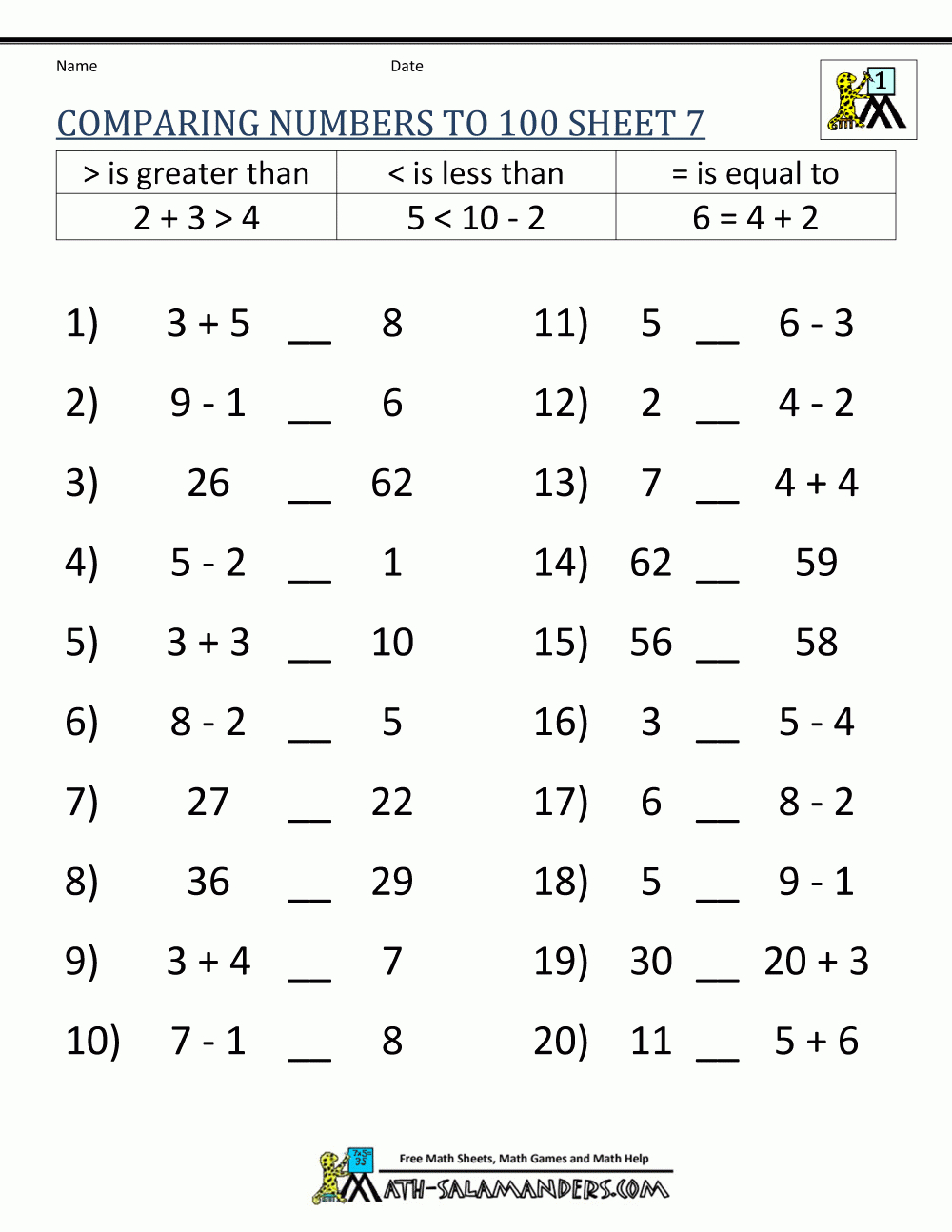 Greater Than Less Than Worksheet  Comparing Numbers To 100 With Regard To Greater Than And Less Than Worksheets