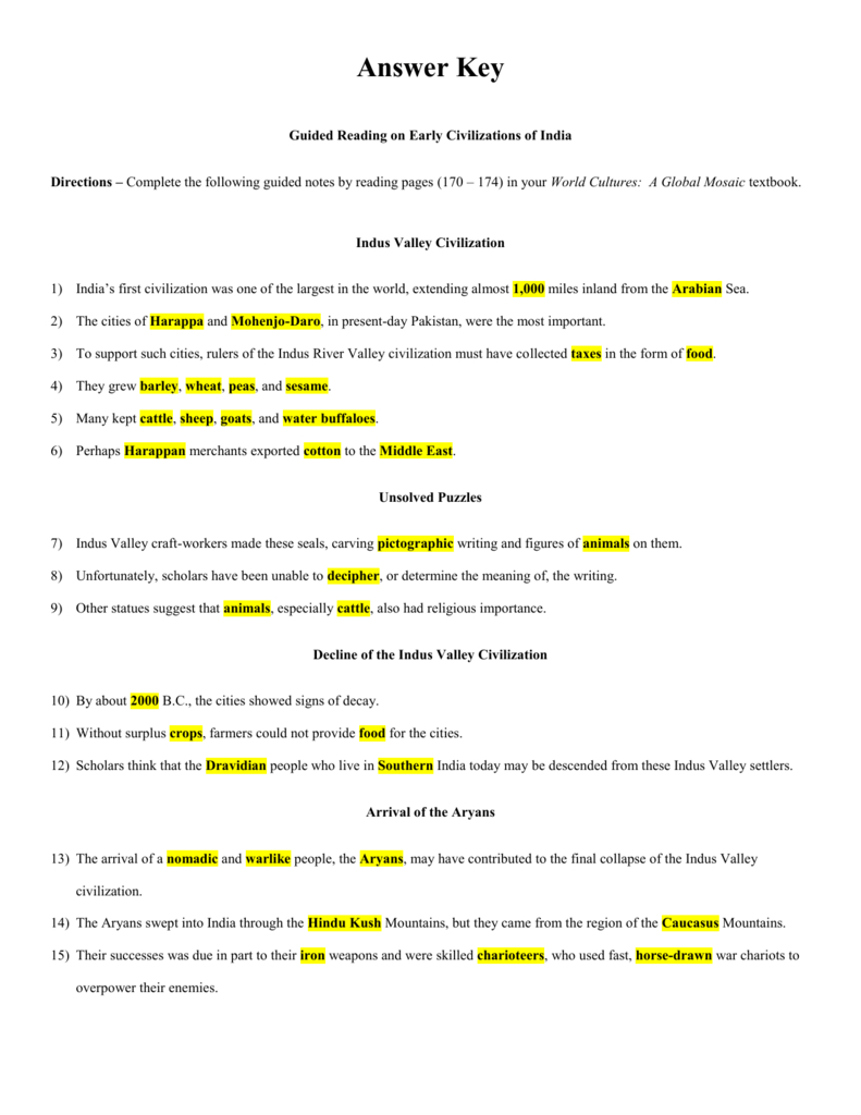 Guided Reading On Early Civilizations Of India  Answer As Well As River Valley Civilizations Worksheet Answer Key