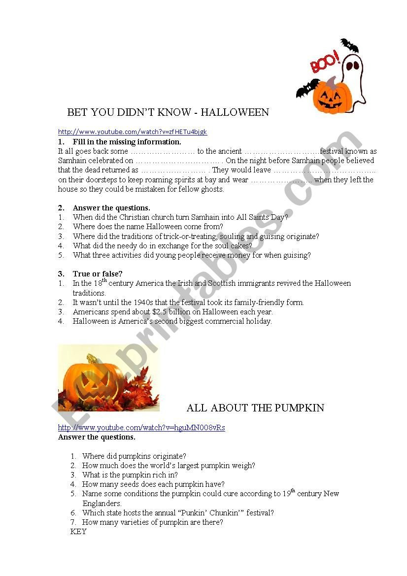 Halloween History And Pumpkin Trivia  Esl Worksheet Together With The Haunted History Of Halloween Worksheet Answers