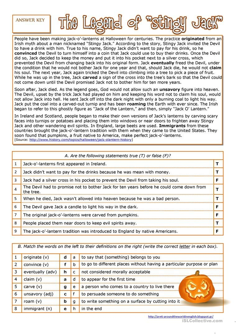 Halloween  History Of The Jack O' Lantern Worksheet  Free Esl Regarding The Haunted History Of Halloween Worksheet Answers