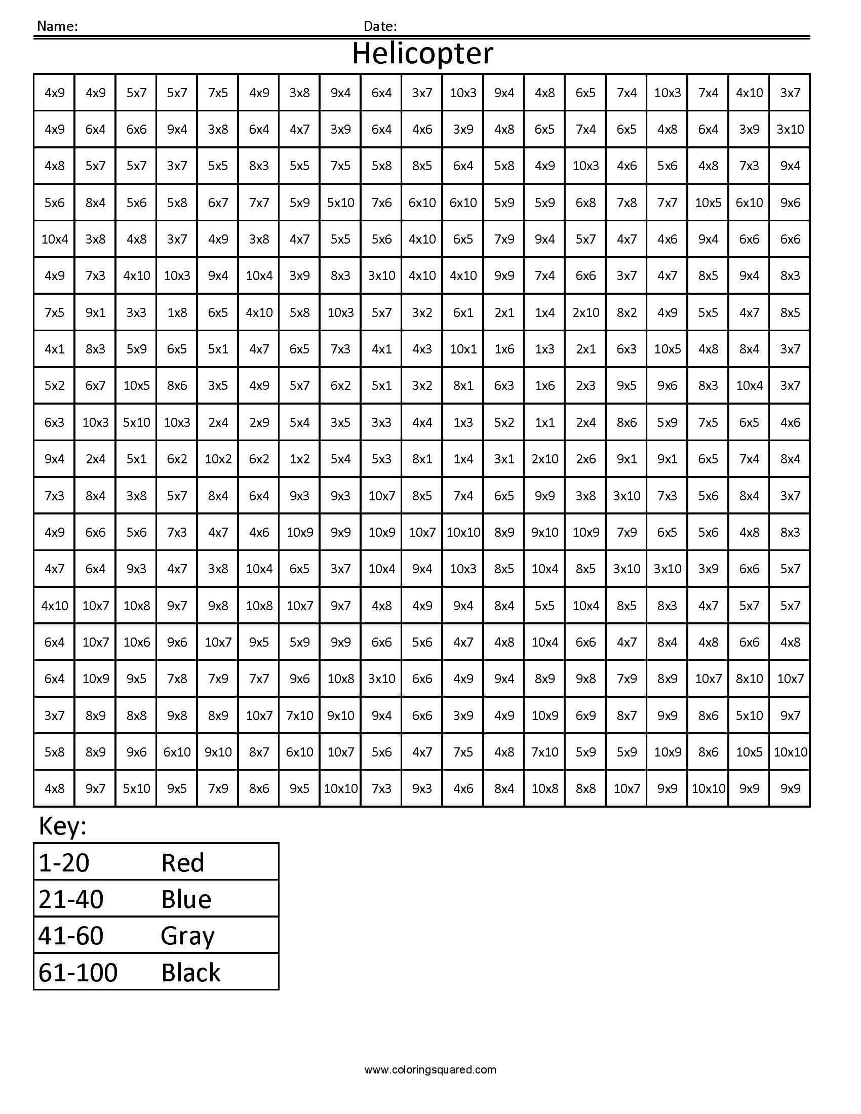 Helicopter Advanced Multiplication  Coloring Squared With Multiplication Mystery Picture Worksheets