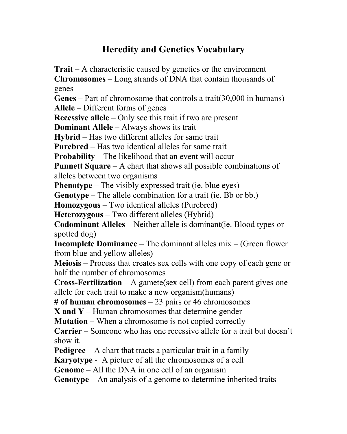 Heredity And Genetics Vocabulary Or Heredity Vocabulary Worksheet Answers