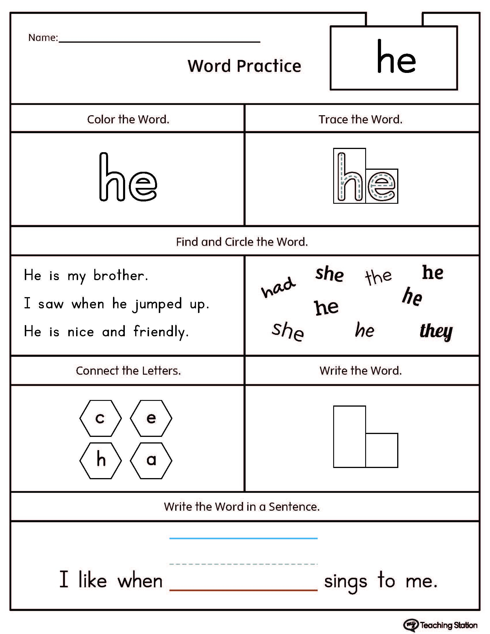 Highfrequency Word He Printable Worksheet  Myteachingstation With Regard To Preschool Sight Words Worksheets