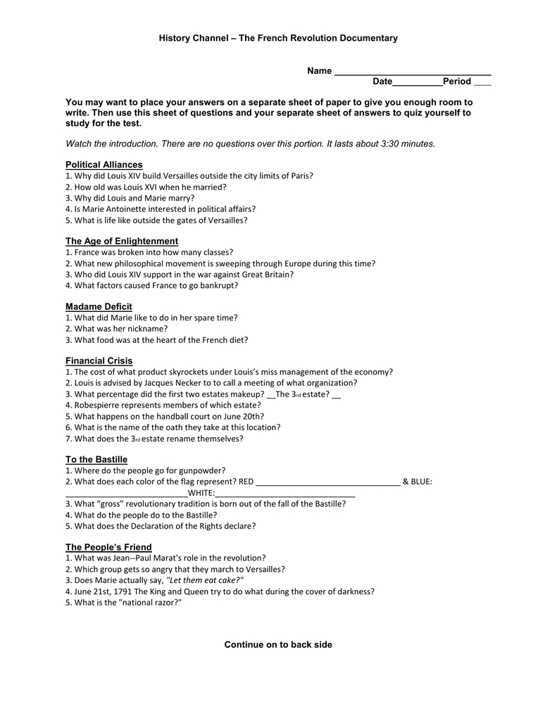 History Channel  The French Revolution Documentary Intended For History Channel French Revolution Worksheet Answers