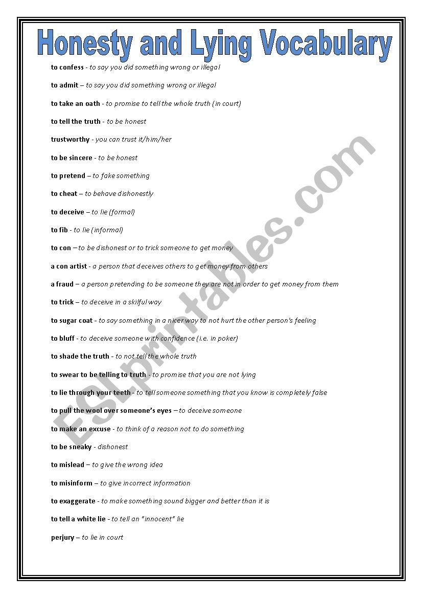 Honesty And Lying Speaking Activity And Vocabulary  Esl Worksheet Throughout Honesty Worksheets Pdf