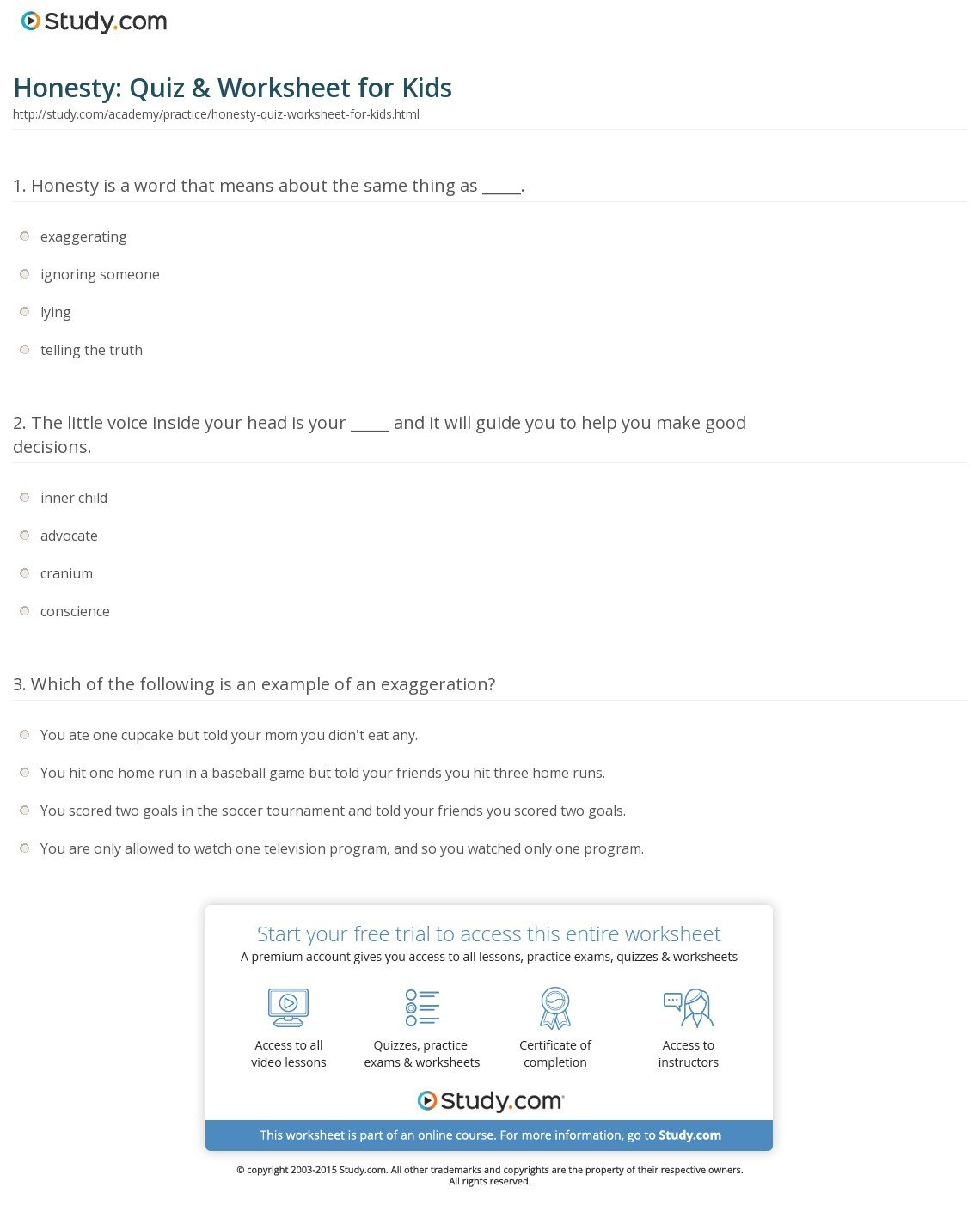 Honesty Quiz  Worksheet For Kids  Study In Honesty Worksheets Pdf