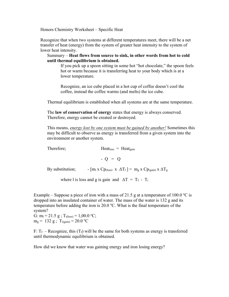 Honors Chemistry Worksheet – Specific Heat Also Honors Chemistry Worksheet