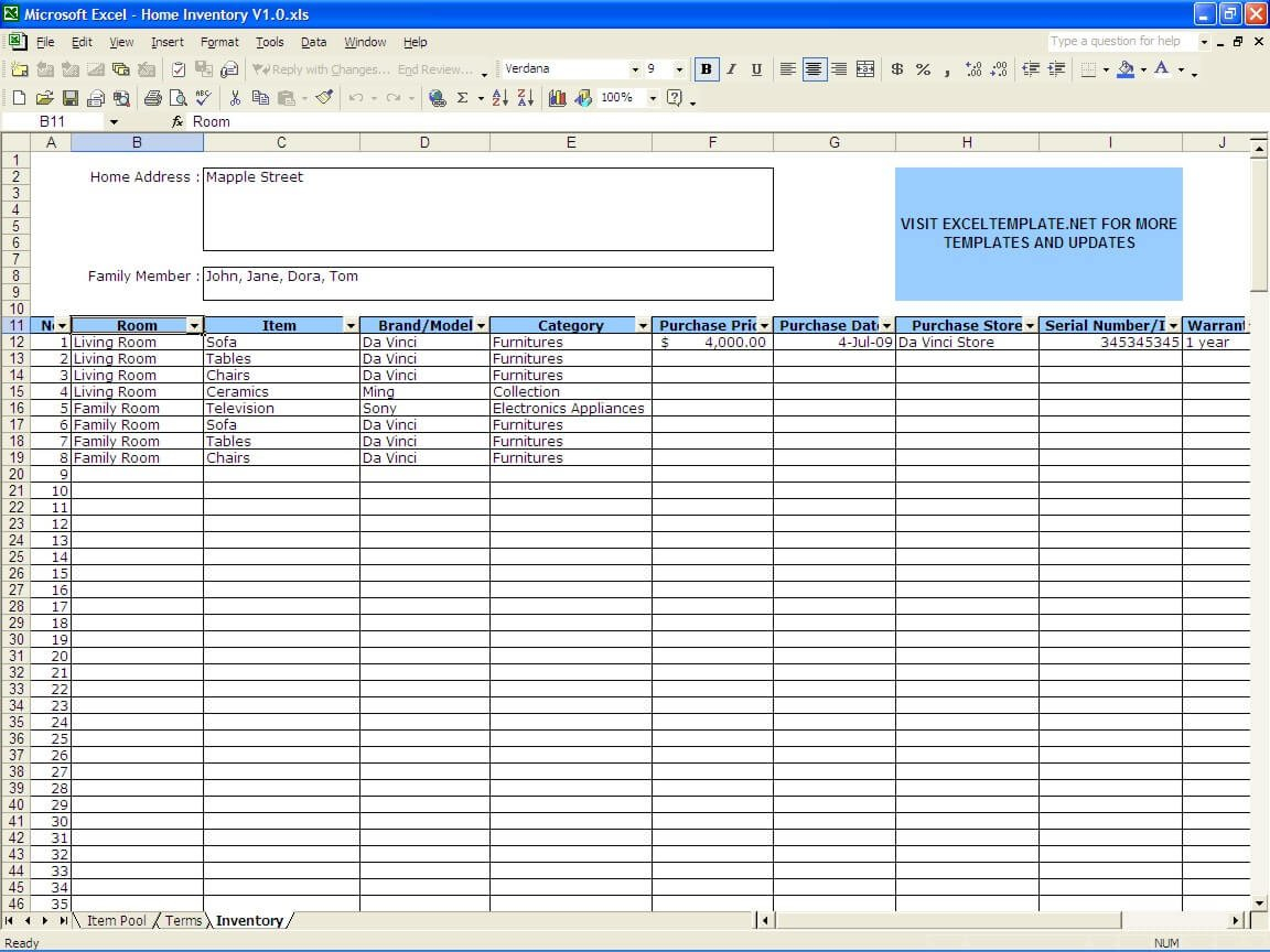 Household Inventory List » Exceltemplate Along With Home Inventory Worksheet