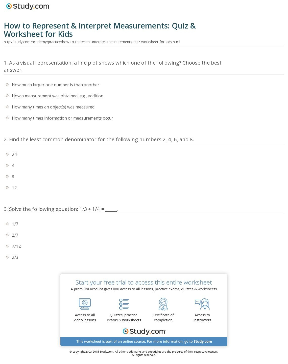 How To Represent  Interpret Measurements Quiz  Worksheet For Kids Along With Interpreting Text And Visuals Worksheet Answers