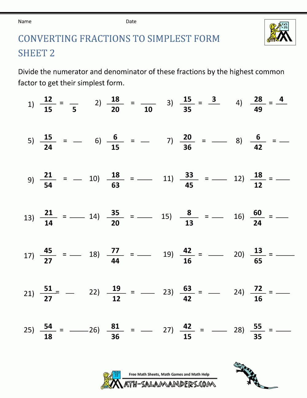 How To Simplify Fractions Throughout Reducing Fractions To Lowest Terms Worksheets