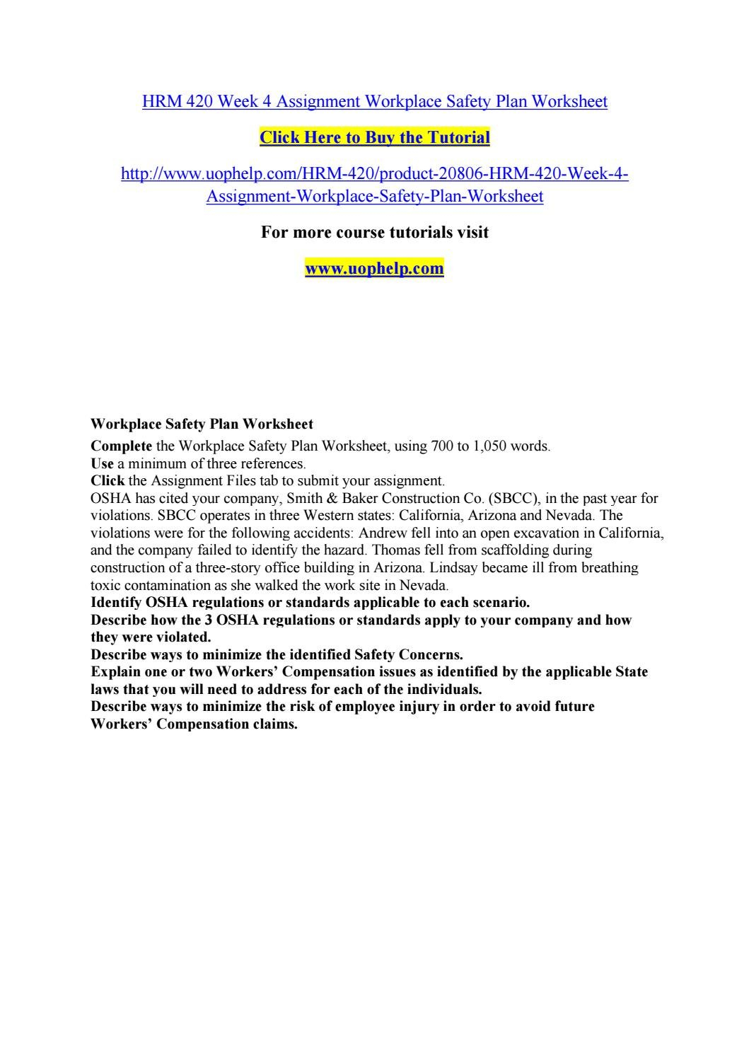 Hrm 420 Week 4 Assignment Workplace Safety Plan Worksheet Inside Safety Plan Worksheet
