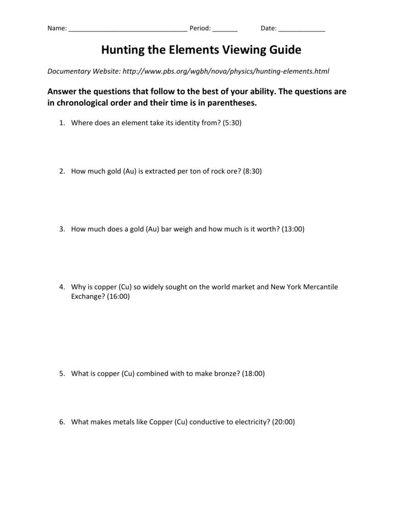 Hunting The Elements Viewing Guide Pertaining To Nova Hunting The Elements Worksheet Answer Key