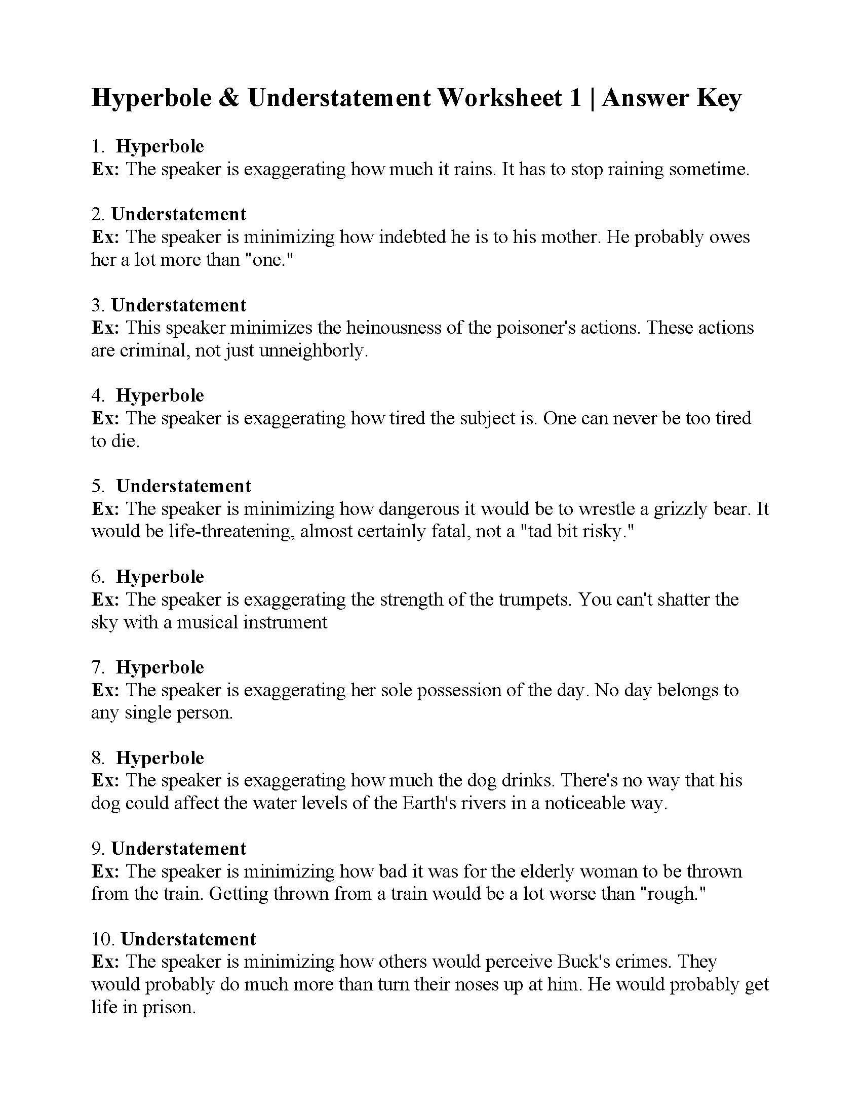 Hyperbole And Understatement Worksheet 1  Answers Throughout Hyperbole Worksheet 1 Answers